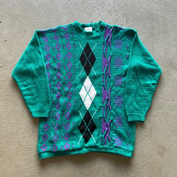 Nan Dorsey Sweaters - Vintage 90s Nan Dorsey Geometric Sweater Size Medium Green USA Made Pullover